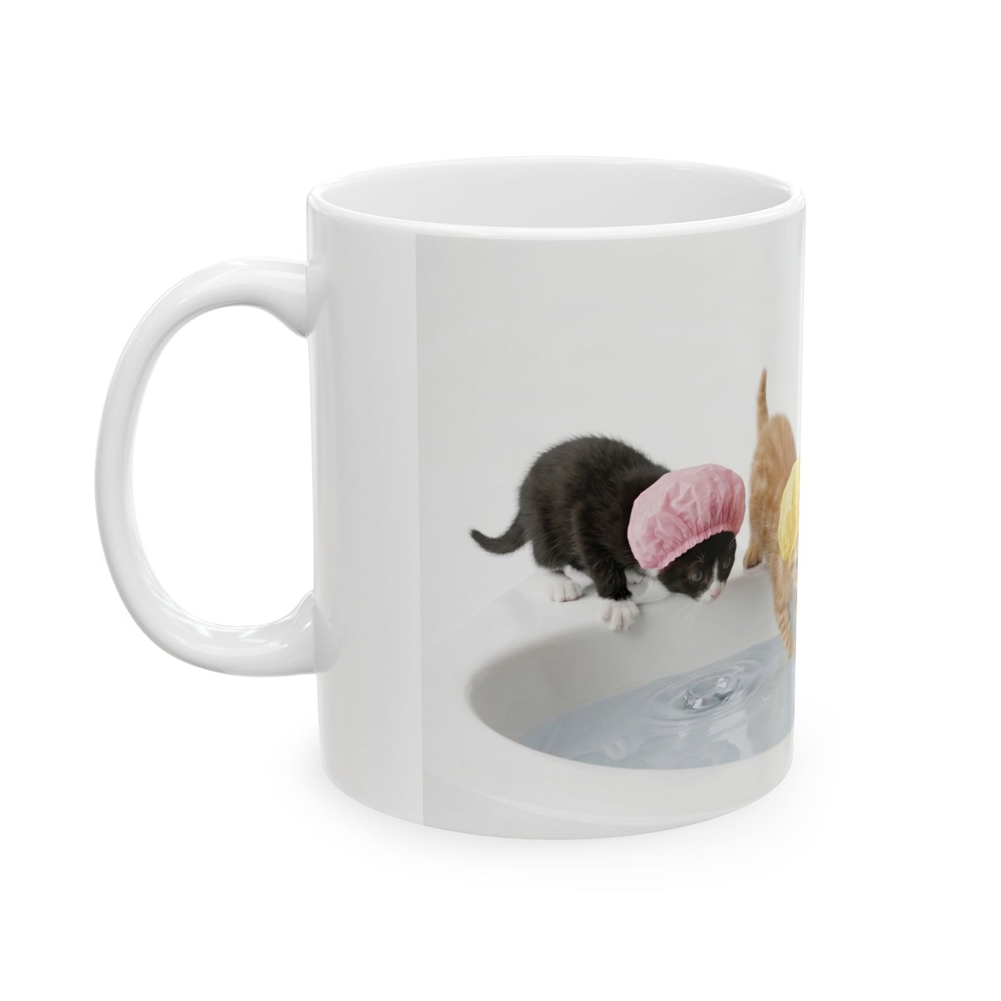Kitten Shower Ceramic Mug — Cute Kittens in Bath Caps Coffee Tea Cup (11oz/15oz)