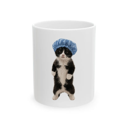 Cute Cat with Blue Shower Cap  Ceramic Mug (11oz/15oz)