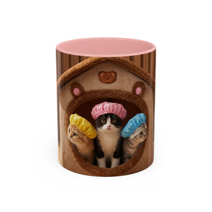 Cute Kittens in Shower Caps Accent Coffee Mug — Pink Interior 11/15oz