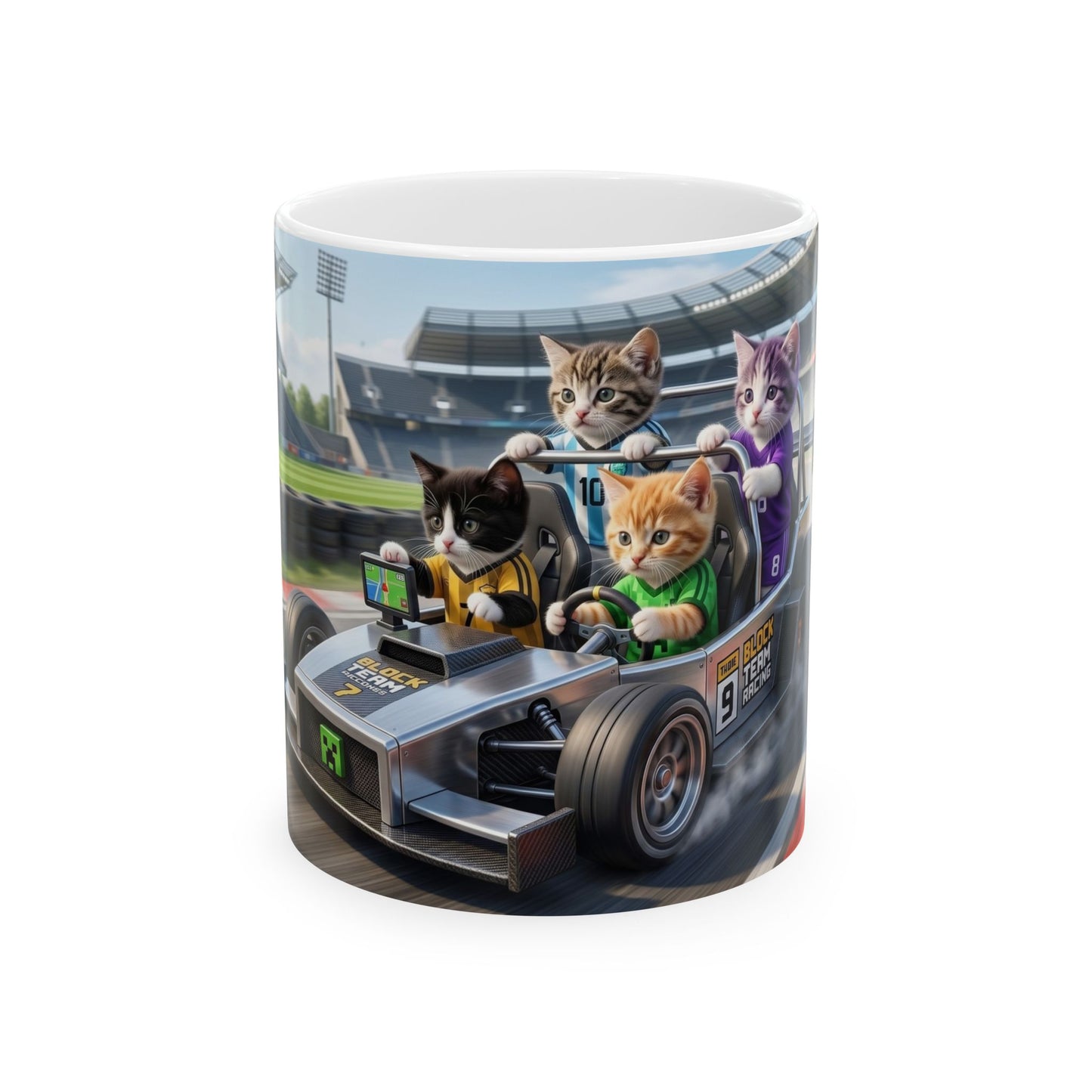 Racing Kittens Ceramic Mug (11oz, 15oz) – Cute Cat Formula Car Coffee Cup
