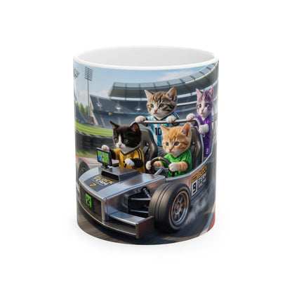 Racing Kittens Ceramic Mug (11oz, 15oz) – Cute Cat Formula Car Coffee Cup