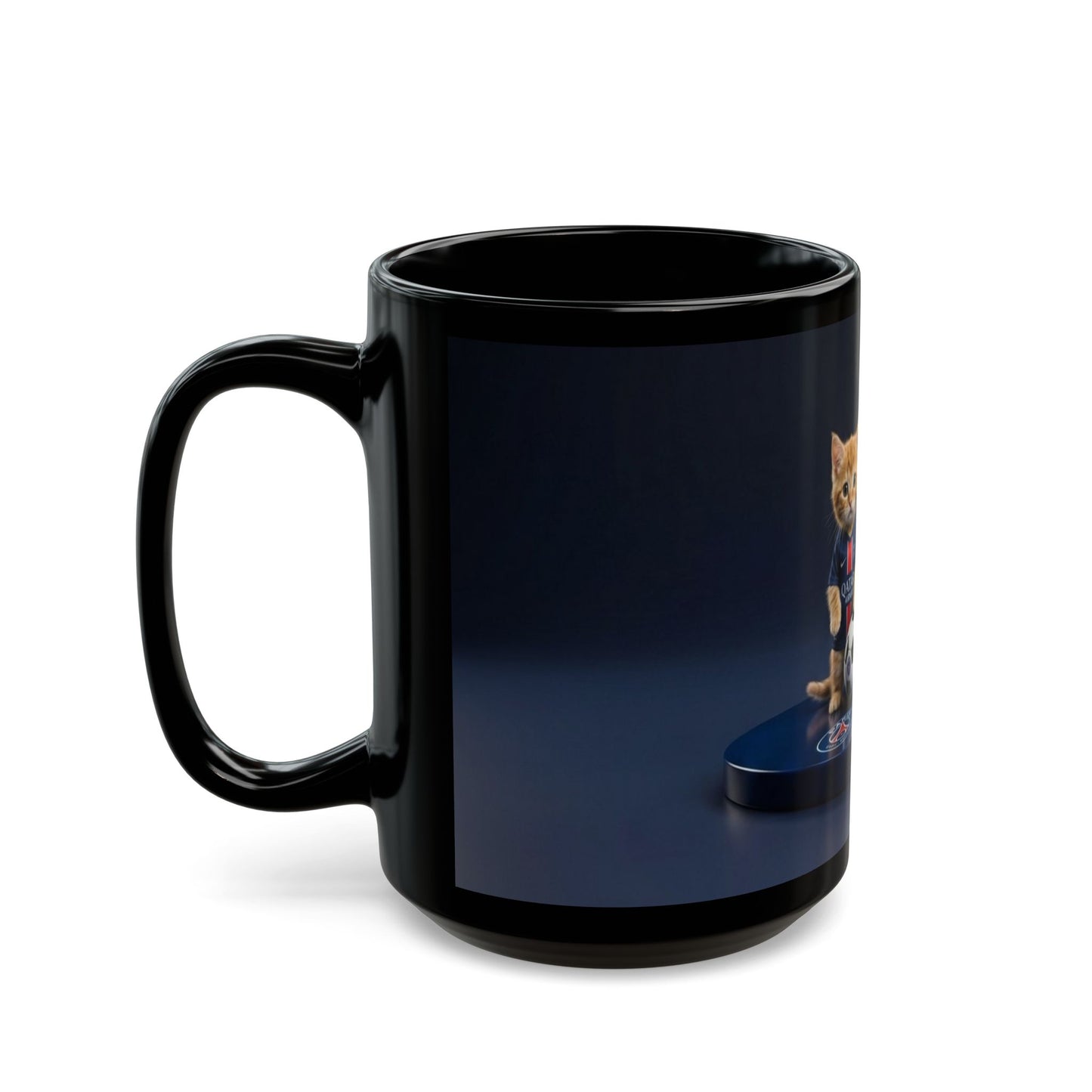 Soccer Cats Black Mug — Cute Football Kit Kittens Coffee Cup (11oz/15oz)