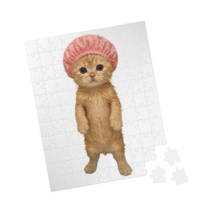Cute Kitten Standing Cat in Pink Shower Cap Jigsaw Puzzle
