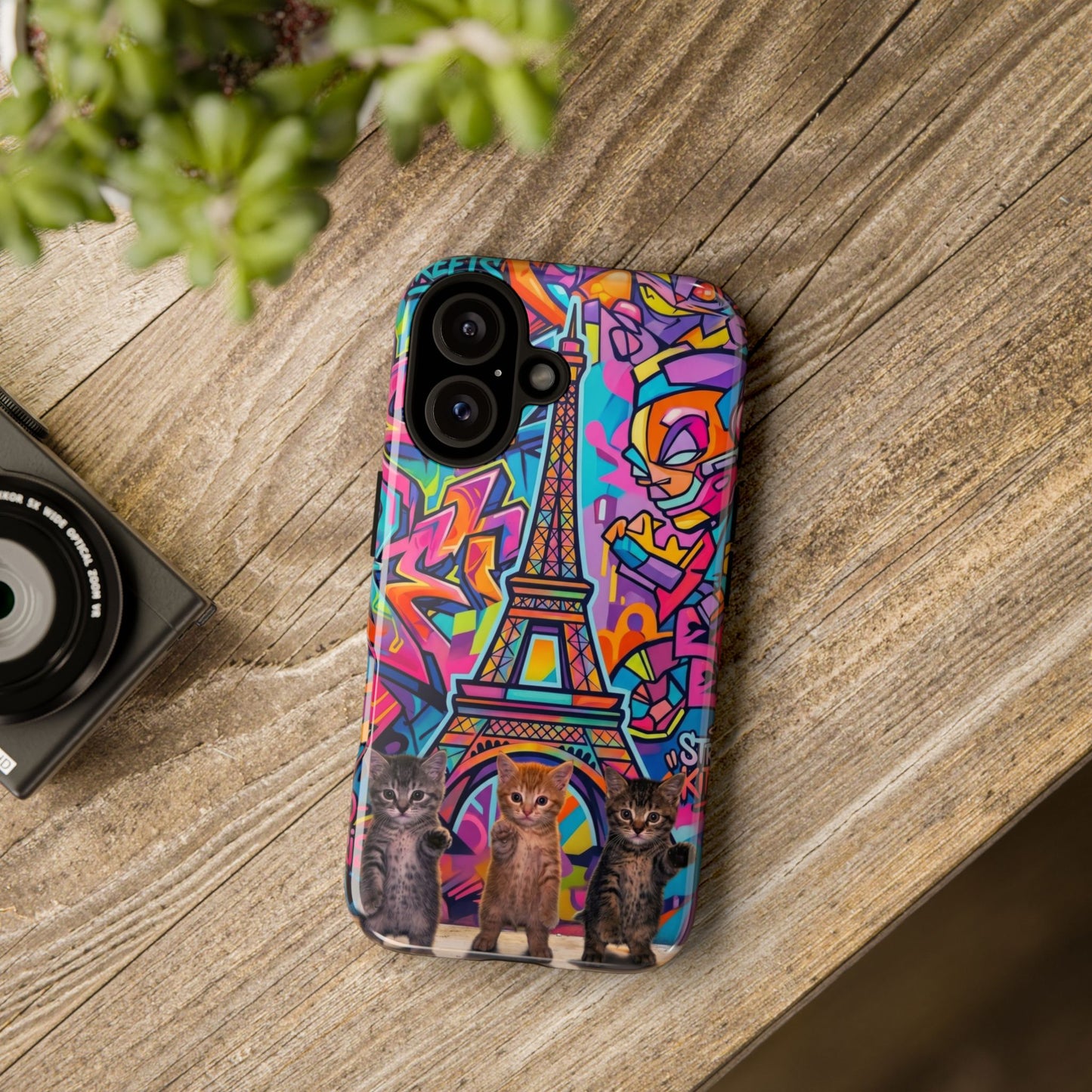 Cat Graffiti Eiffel Phone Case — Colorful Urban Parisian iPhone Cover