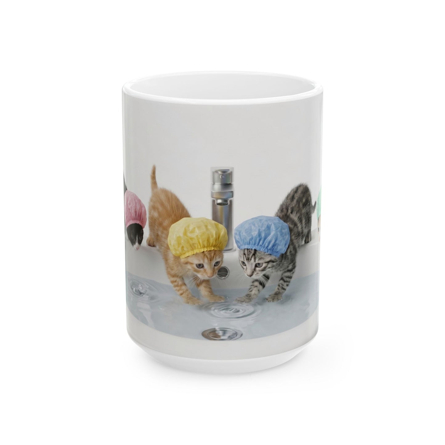 Kitten Shower Ceramic Mug — Cute Kittens in Bath Caps Coffee Tea Cup (11oz/15oz)