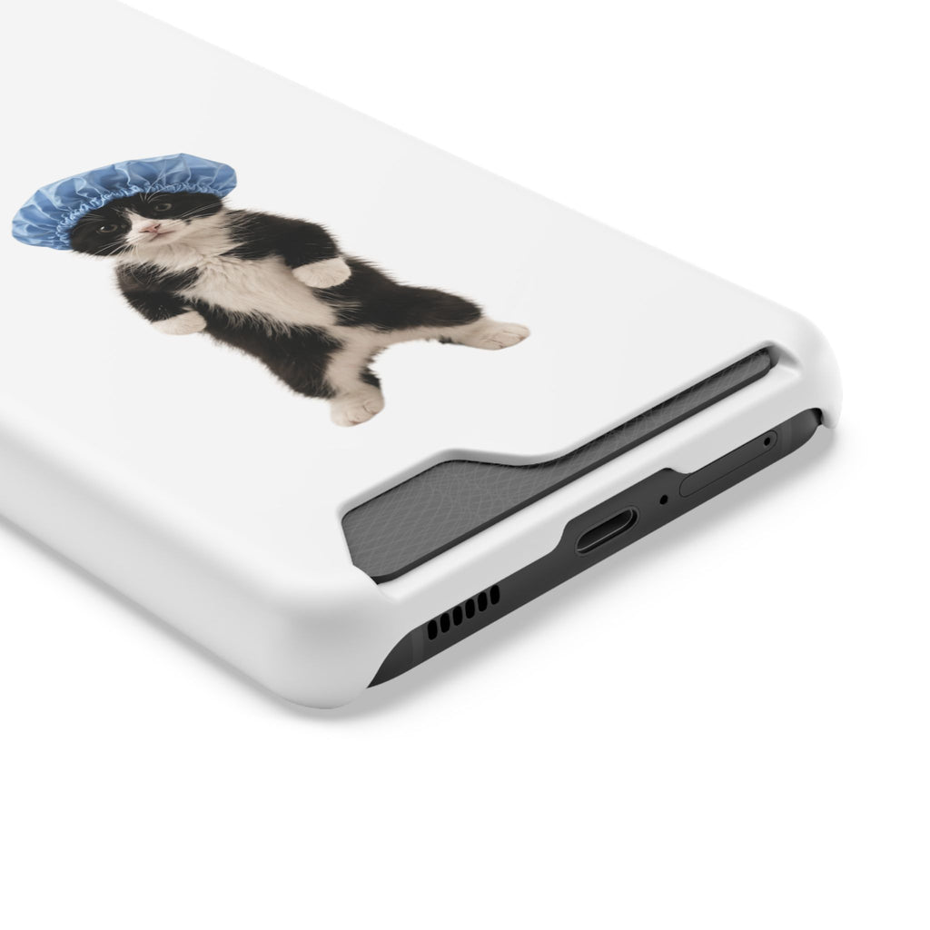 Cute Cat in Shower Cap Slim Phone Case with Card Holder
