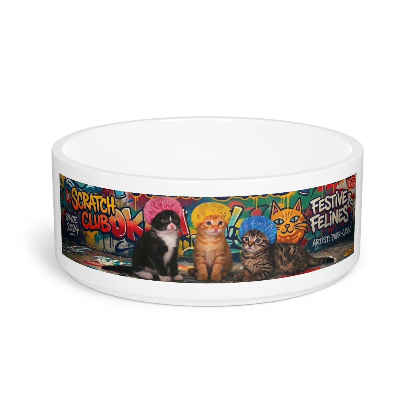 Cat Squad Ceramic Pet Bowl — Colorful Kittens 'Scratch Club' Design