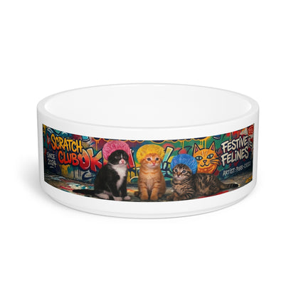 Cat Squad Ceramic Pet Bowl — Colorful Kittens 'Scratch Club' Design
