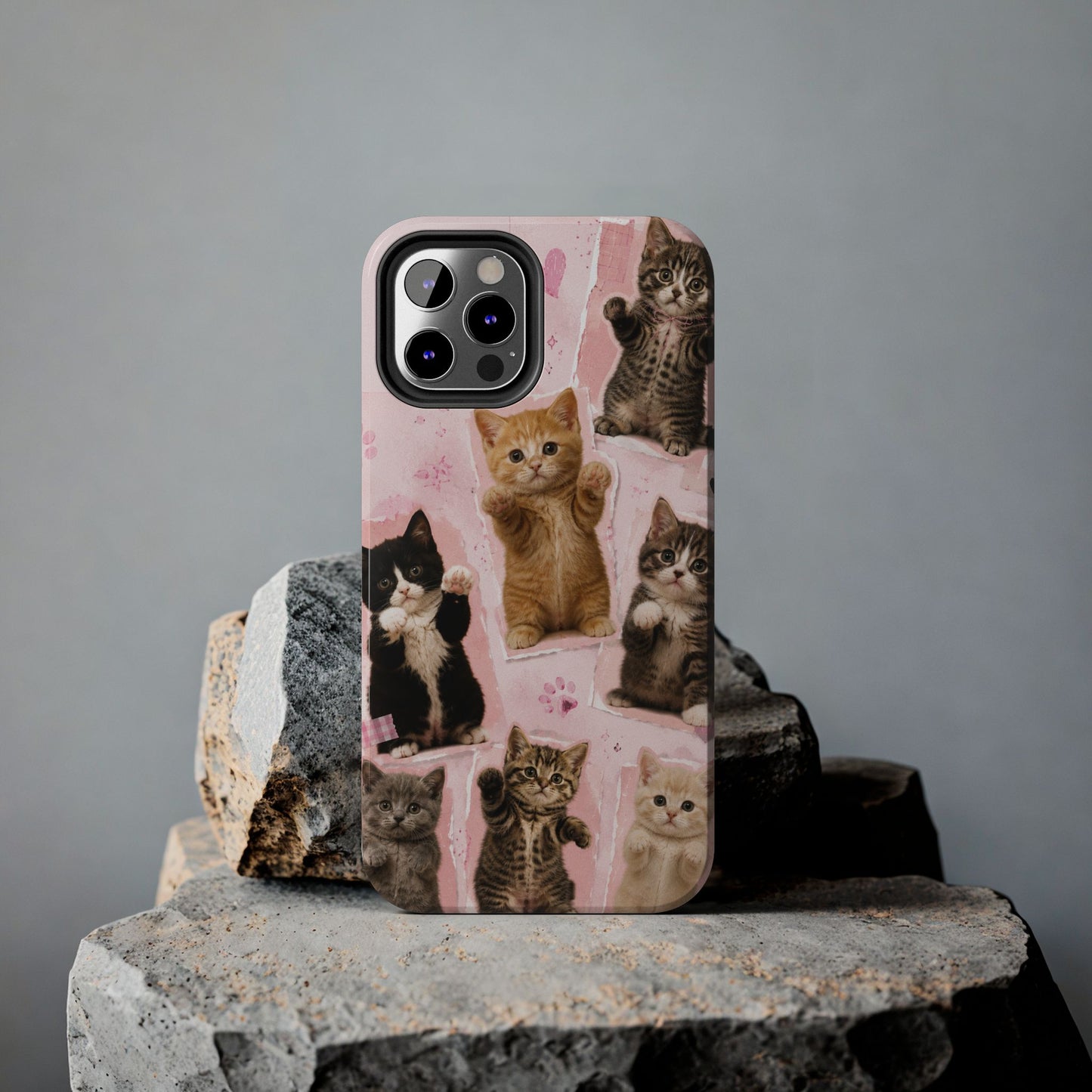 Cute Kittens Tough Phone Case — Pink Paw Print Protective Phone Cover
