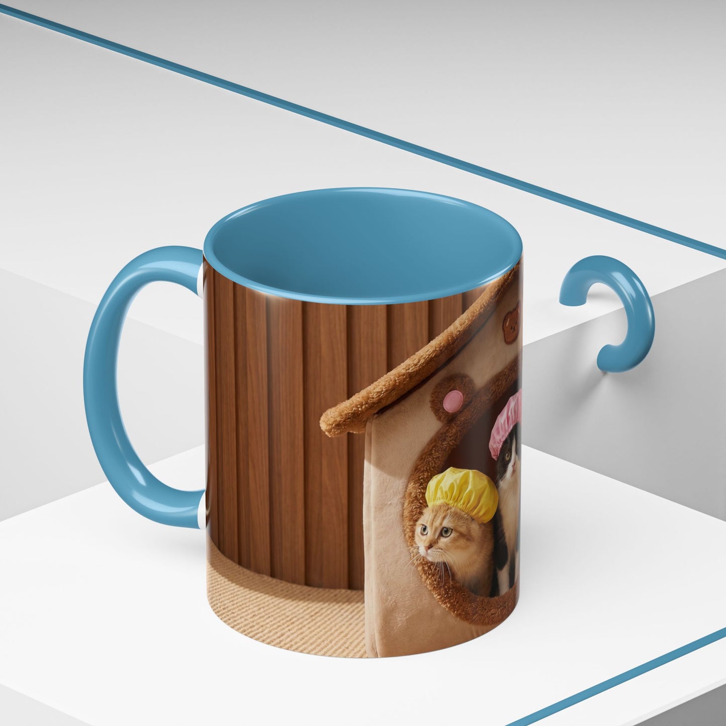 Cute Kittens in Shower Caps Accent Coffee Mug — Pink Interior 11/15oz