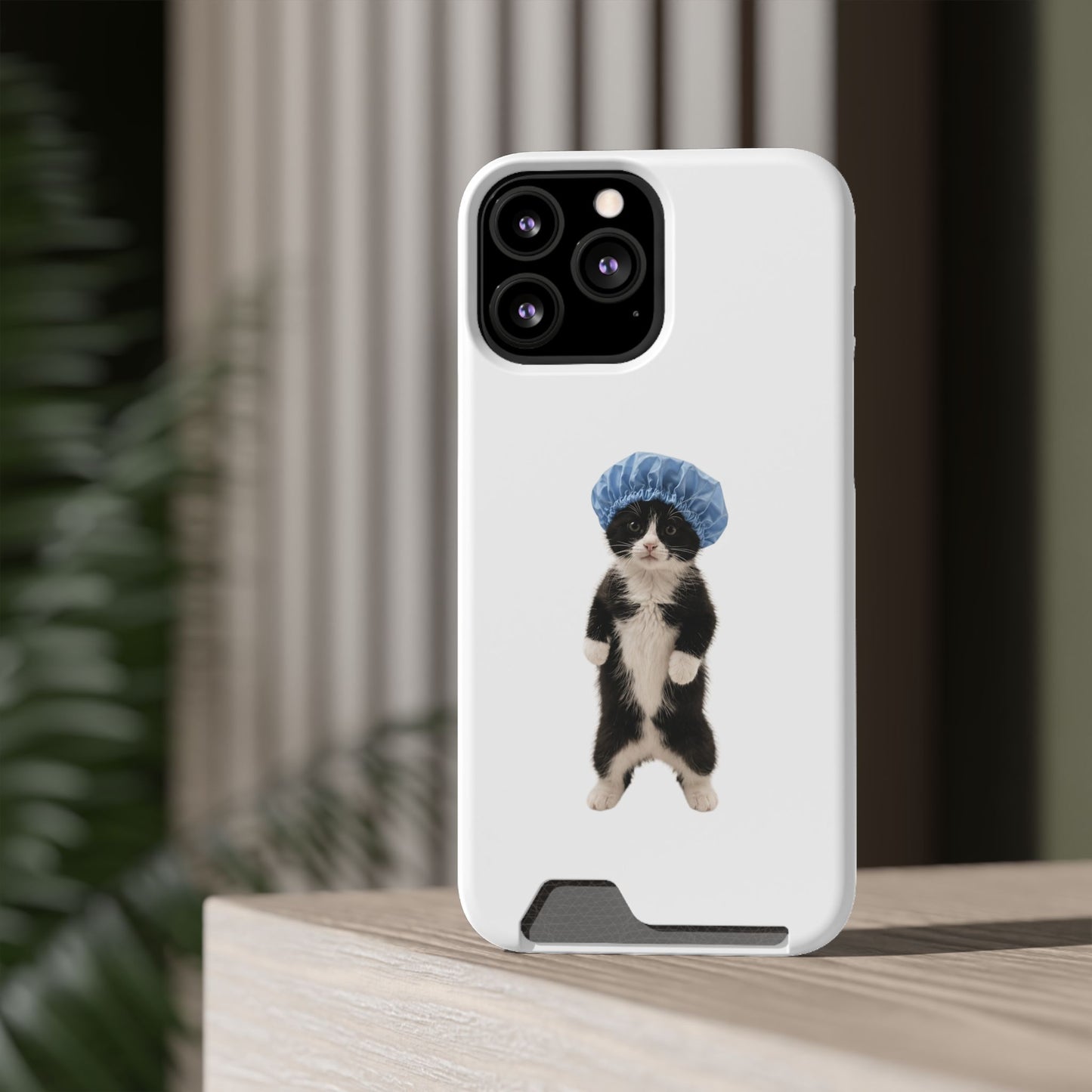 Cute Cat in Shower Cap Slim Phone Case with Card Holder