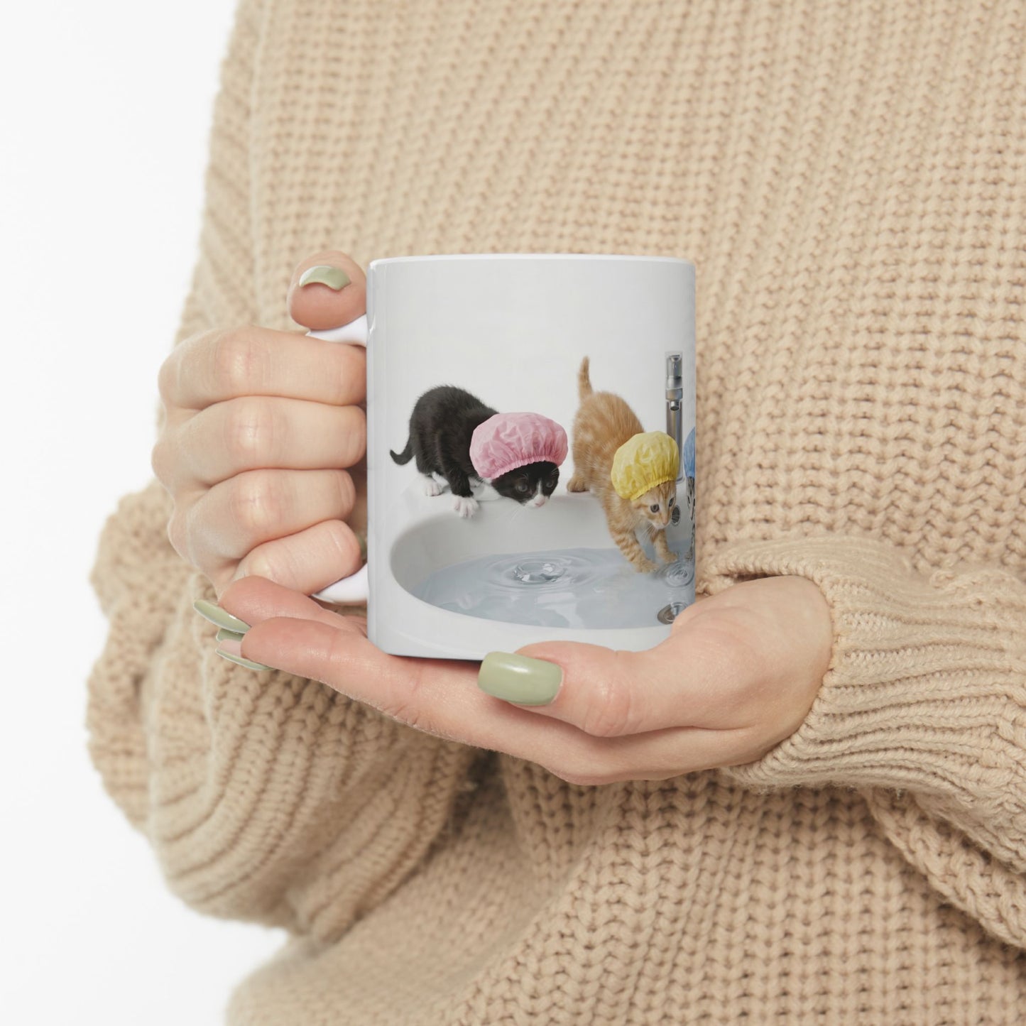 Kitten Shower Ceramic Mug — Cute Kittens in Bath Caps Coffee Tea Cup (11oz/15oz)