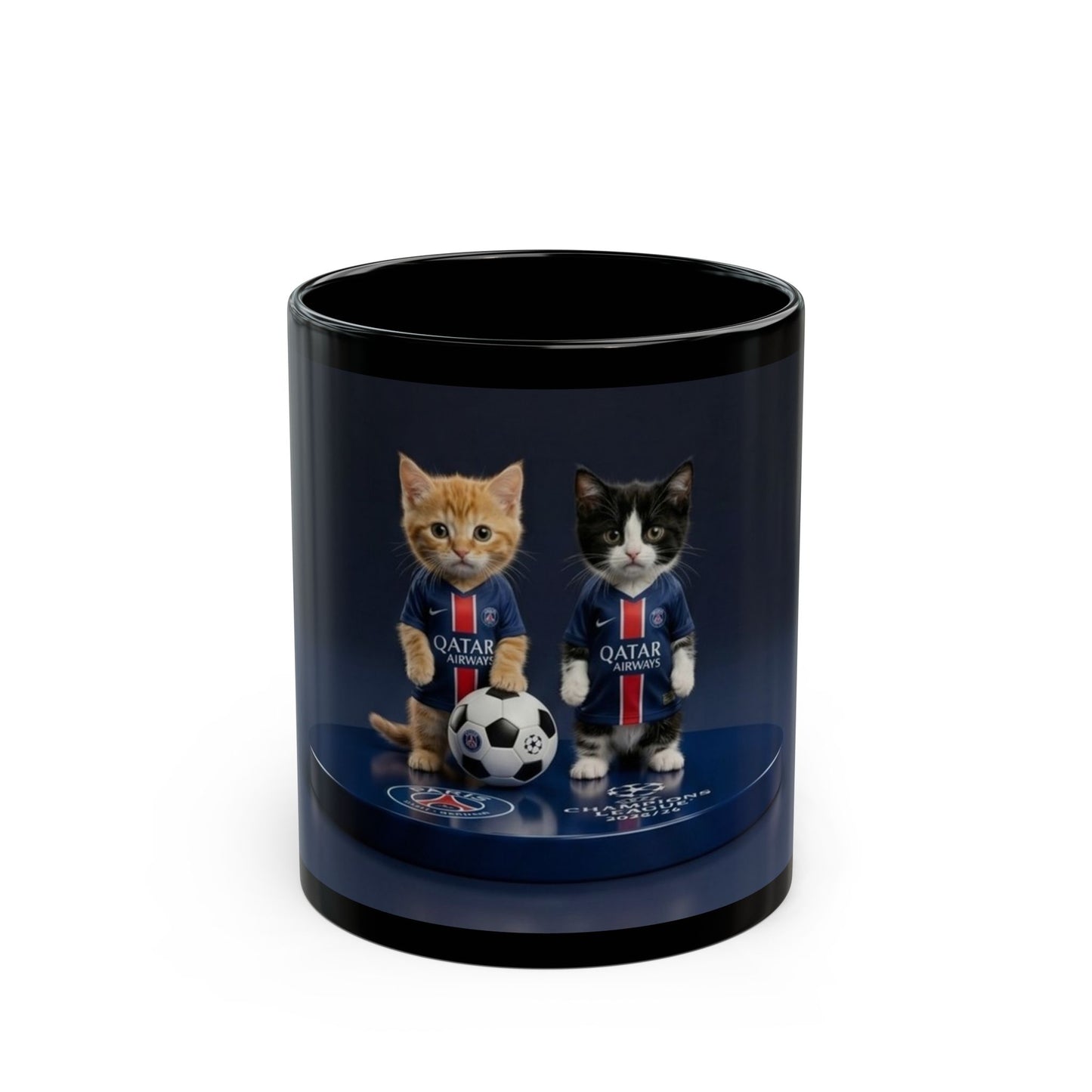 Soccer Cats Black Mug — Cute Football Kit Kittens Coffee Cup (11oz/15oz)