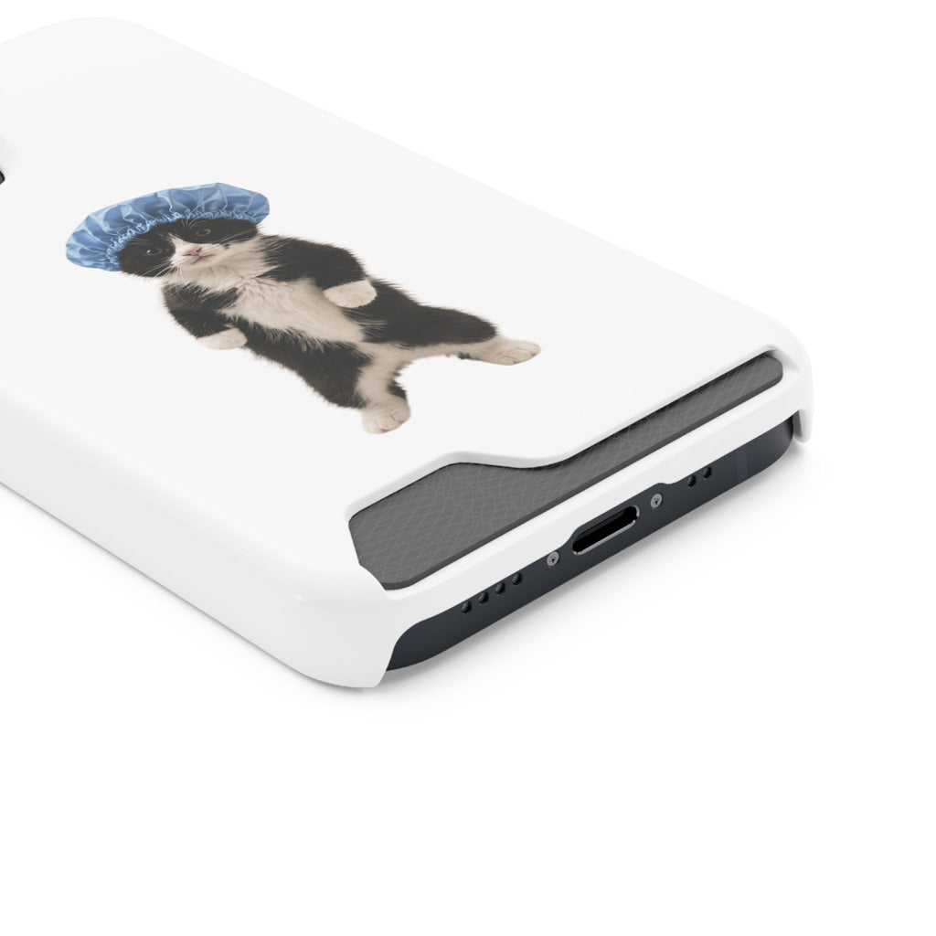 Cute Cat in Shower Cap Slim Phone Case with Card Holder