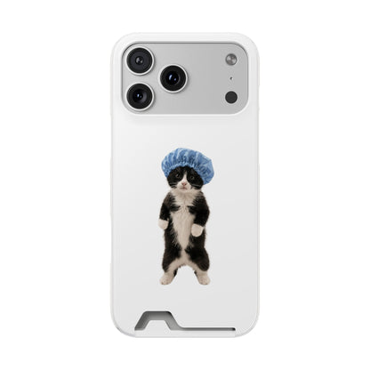 Cute Cat in Shower Cap Slim Phone Case with Card Holder
