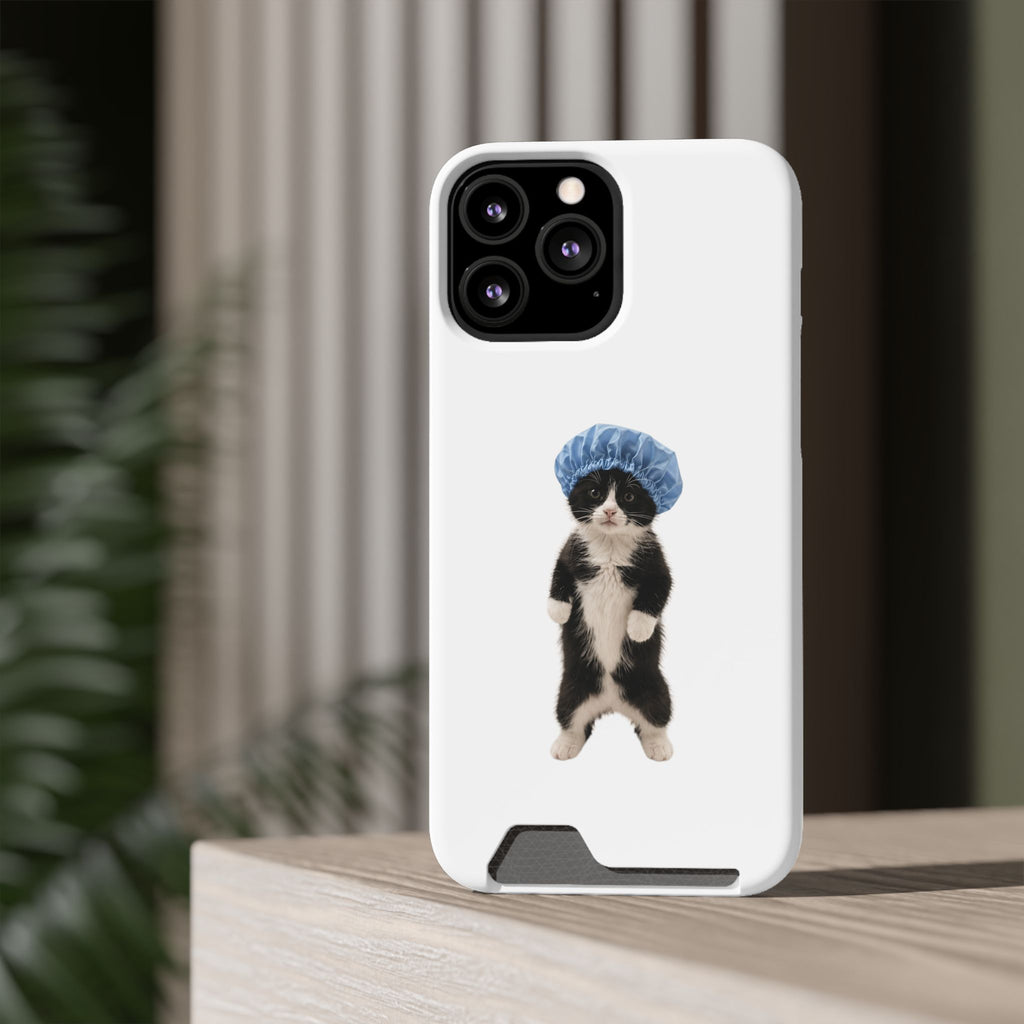 Cute Cat in Shower Cap Slim Phone Case with Card Holder