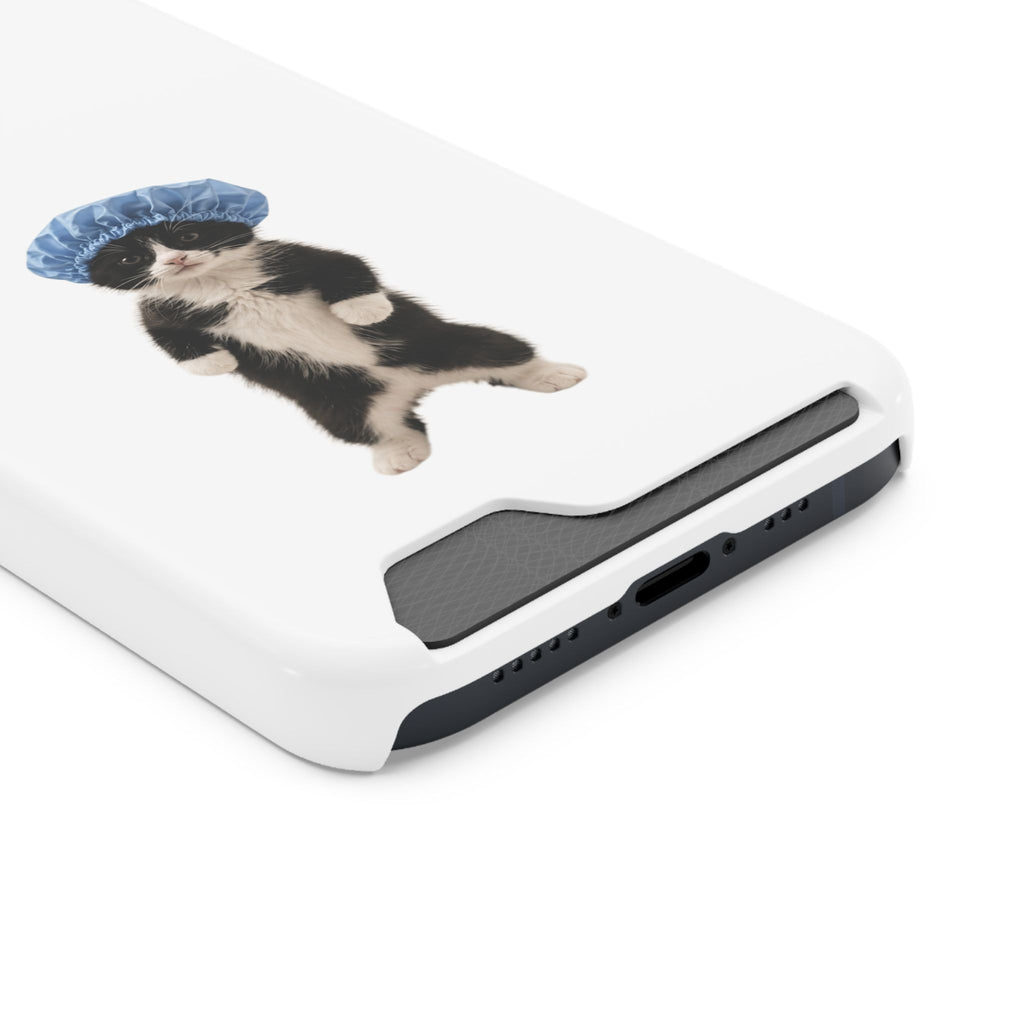 Cute Cat in Shower Cap Slim Phone Case with Card Holder