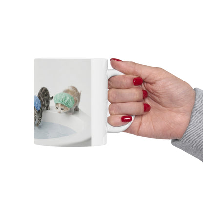 Kitten Shower Ceramic Mug — Cute Kittens in Bath Caps Coffee Tea Cup (11oz/15oz)