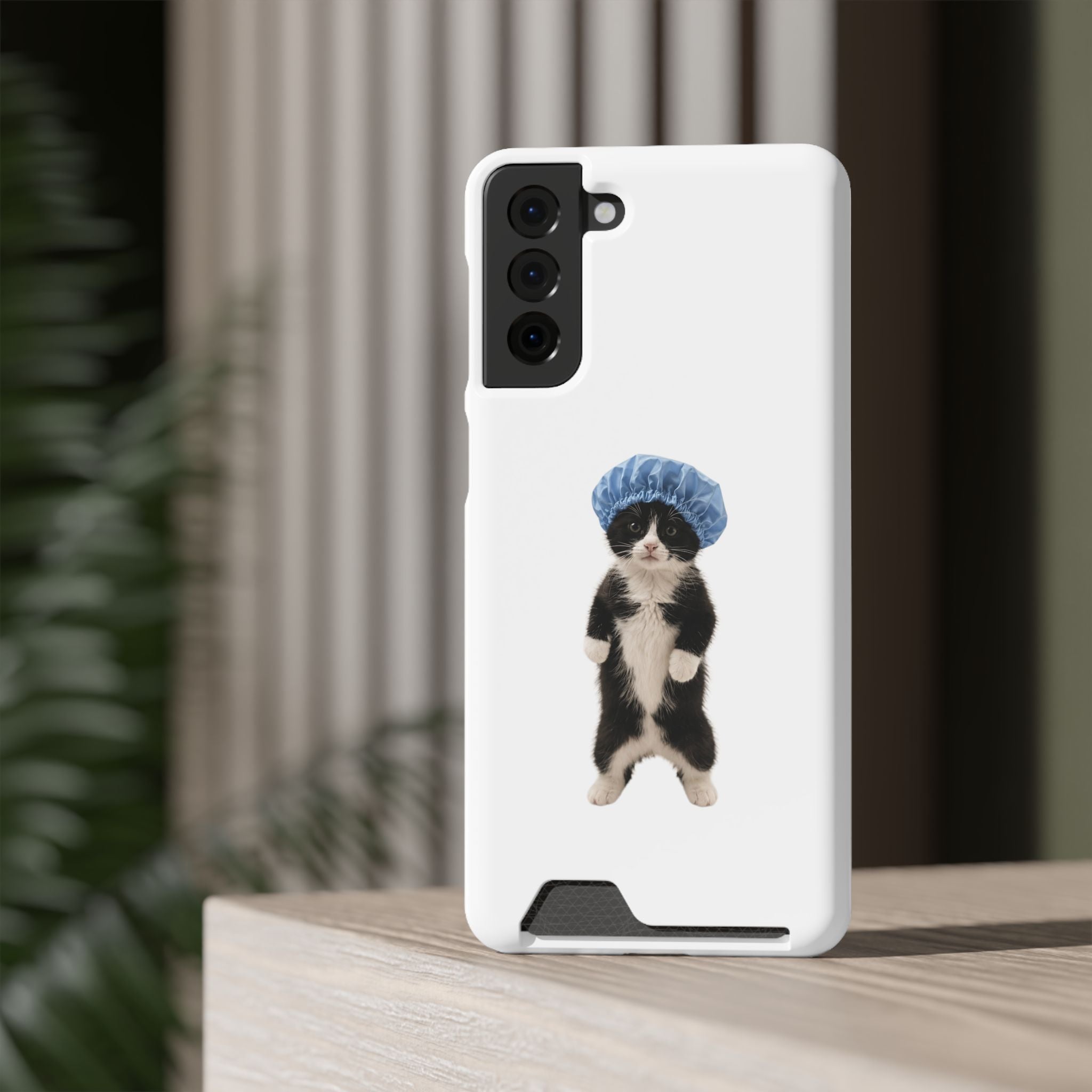 Cute Cat in Shower Cap Slim Phone Case with Card Holder
