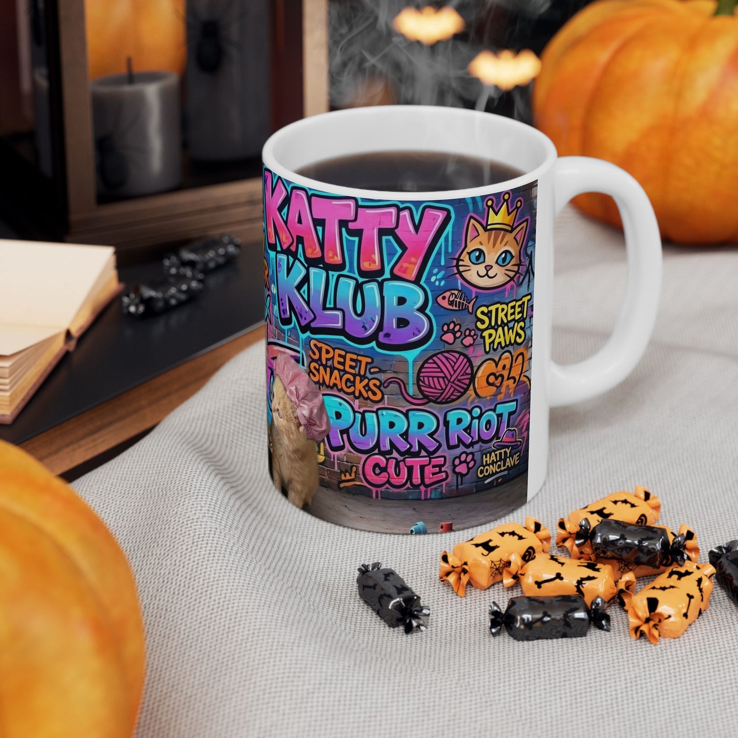 Kitten Crew Ceramic Mug — Colorful Street Art Cat Design (11oz/15oz)