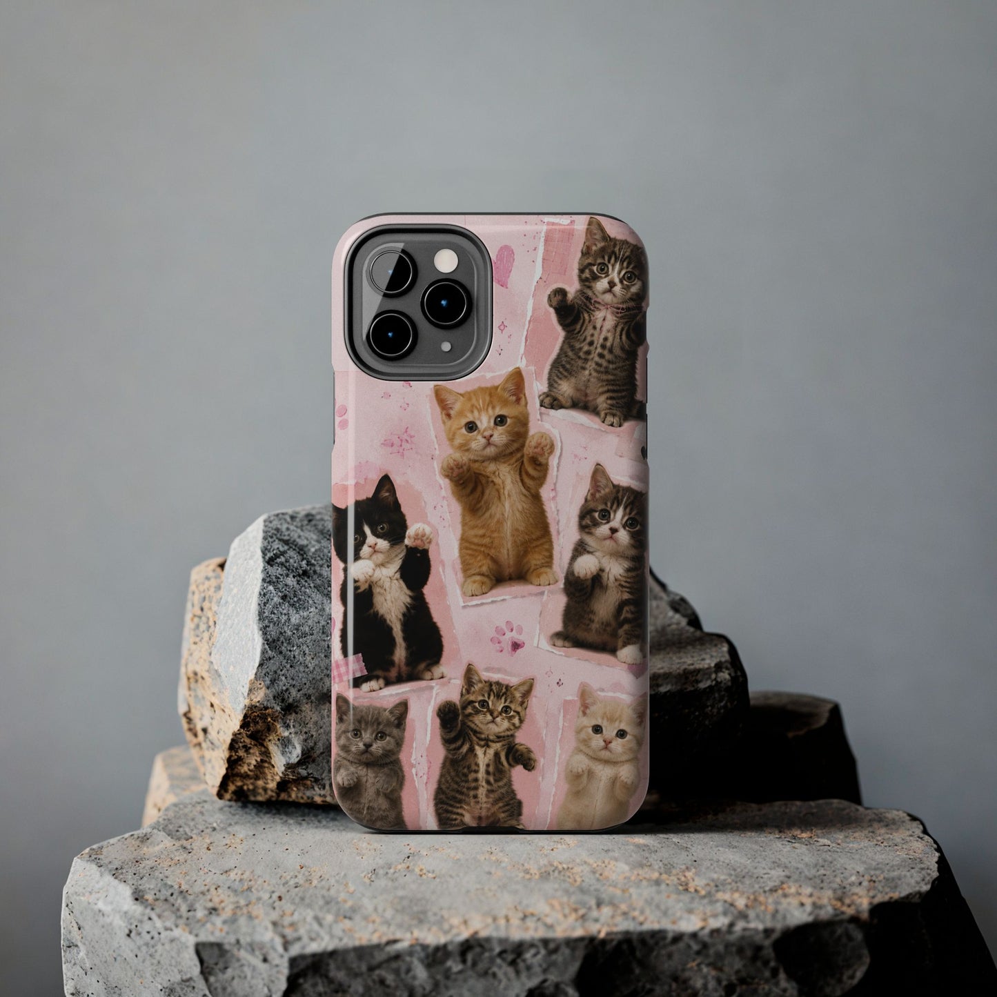 Cute Kittens Tough Phone Case — Pink Paw Print Protective Phone Cover