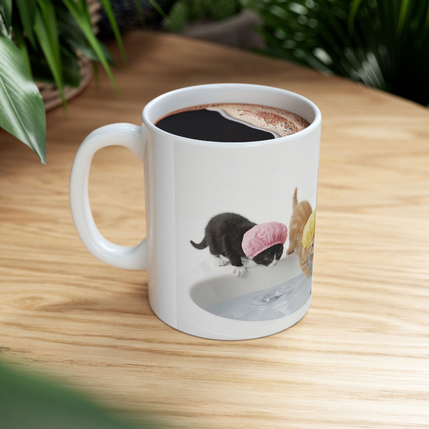 Kitten Shower Ceramic Mug — Cute Kittens in Bath Caps Coffee Tea Cup (11oz/15oz)