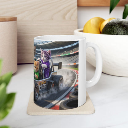 Racing Kittens Ceramic Mug (11oz, 15oz) – Cute Cat Formula Car Coffee Cup