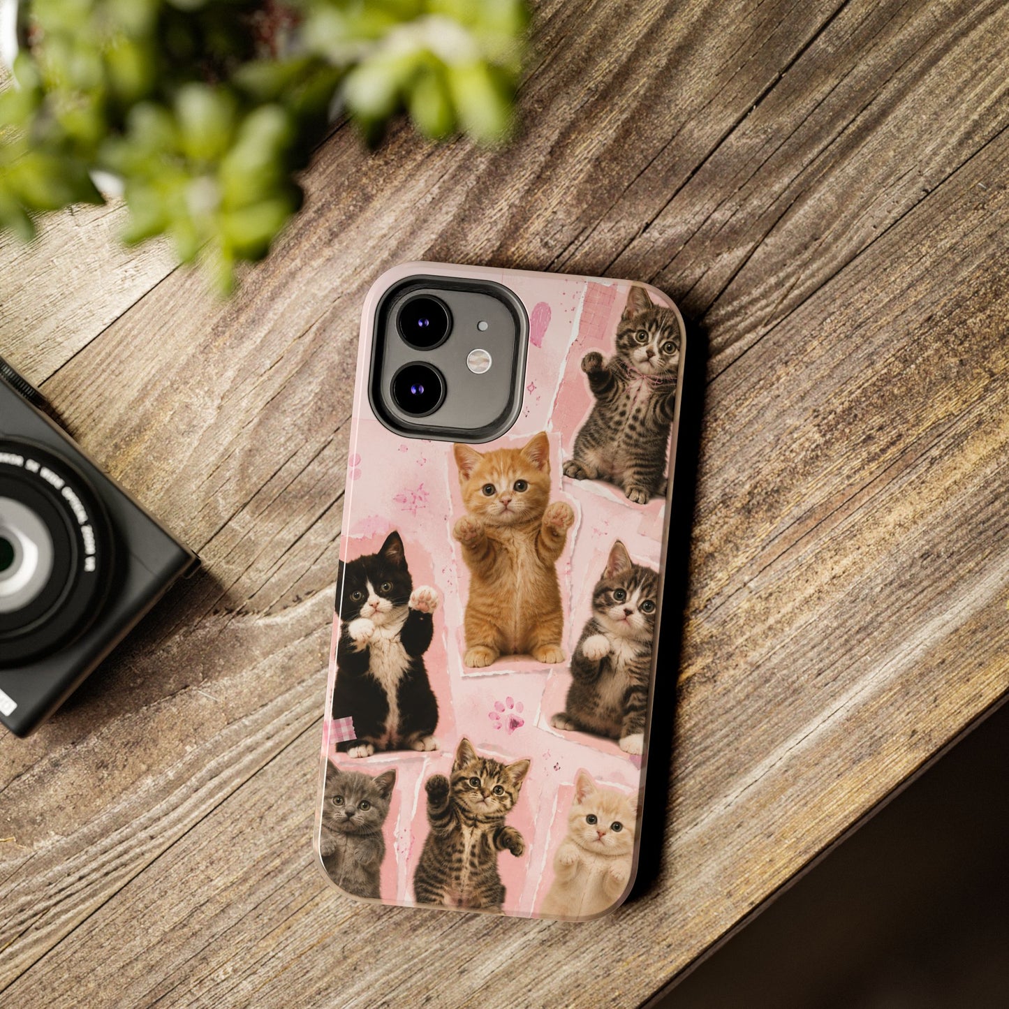 Cute Kittens Tough Phone Case — Pink Paw Print Protective Phone Cover