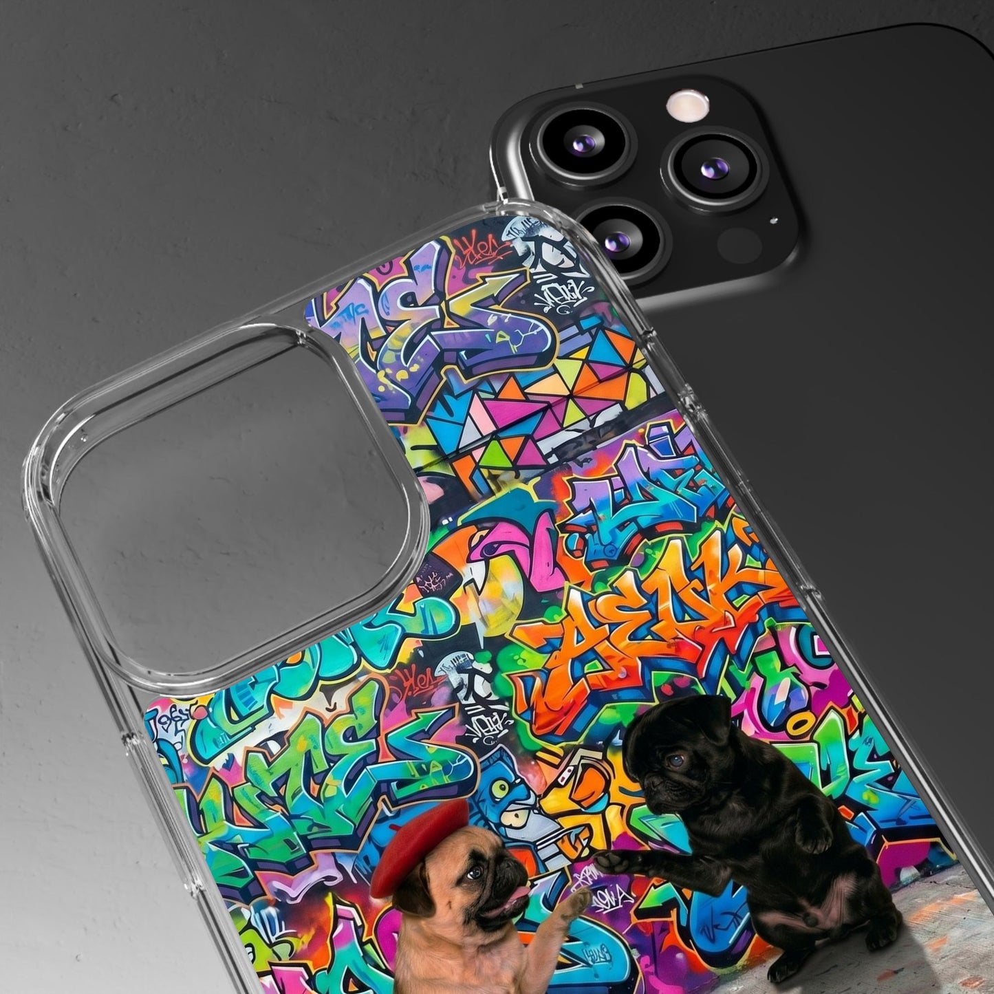 Clear Phone Case — Colorful Graffiti Pugs Design