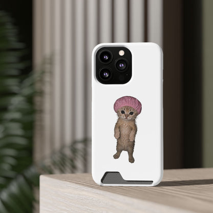 Cute Standing Kitten Cat Shower Cap  Phone Case with Card Holder