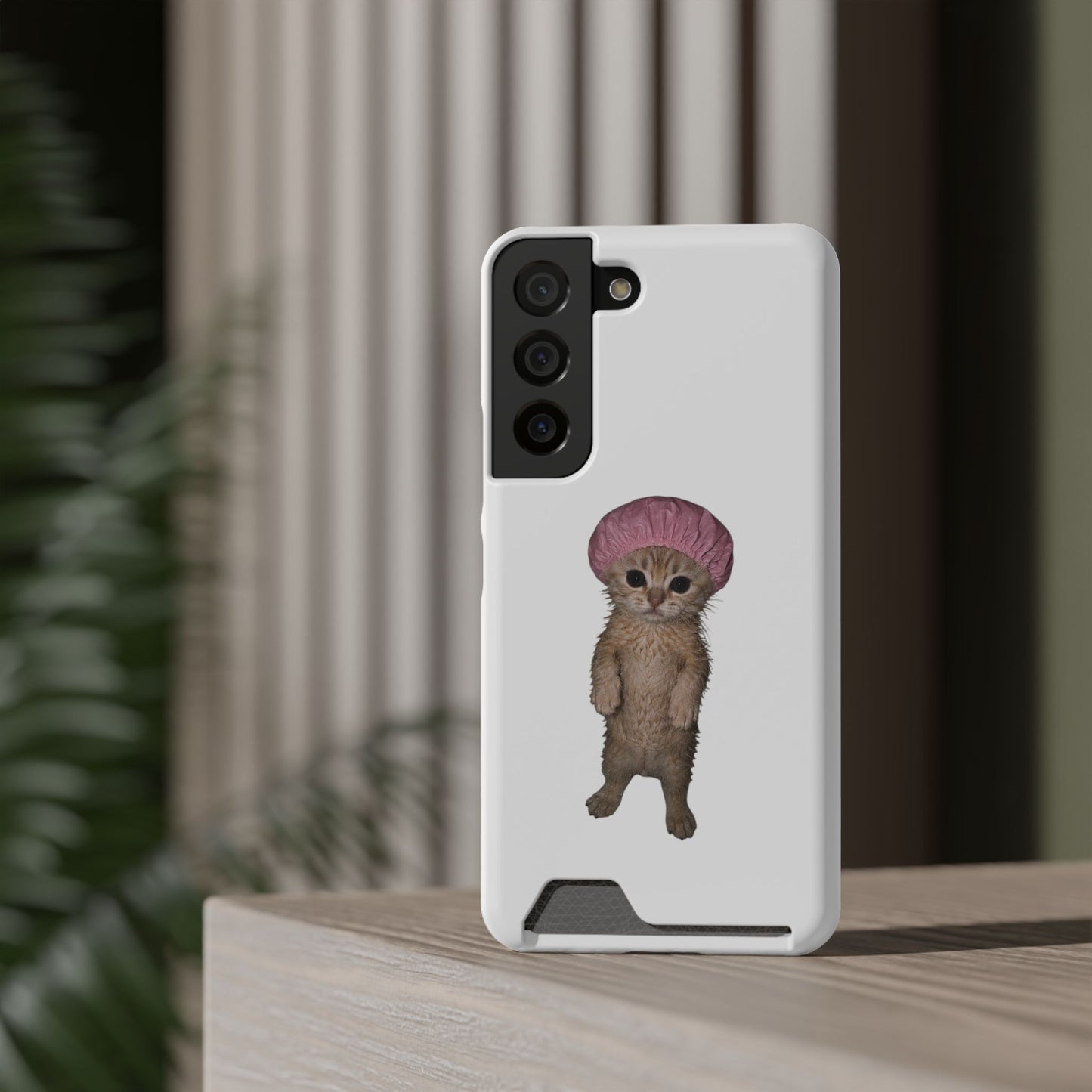 Cute Standing Kitten Cat Shower Cap  Phone Case with Card Holder
