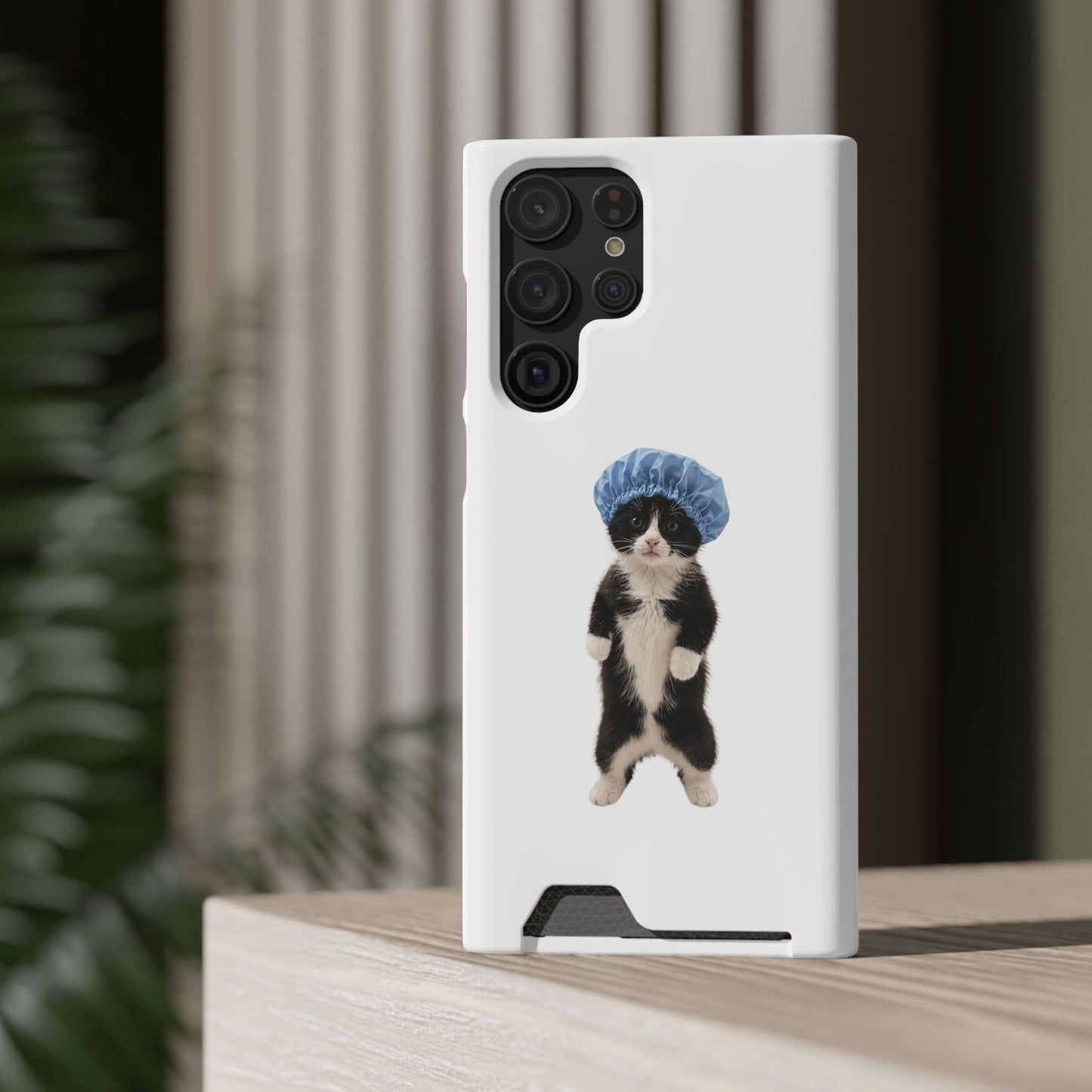 Cute Cat in Shower Cap Slim Phone Case with Card Holder