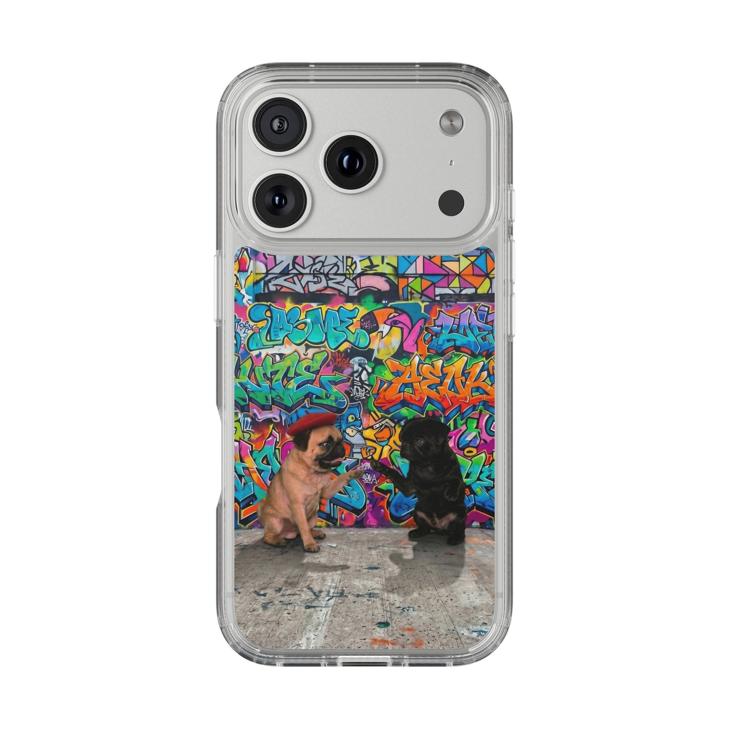 Clear Phone Case — Colorful Graffiti Pugs Design