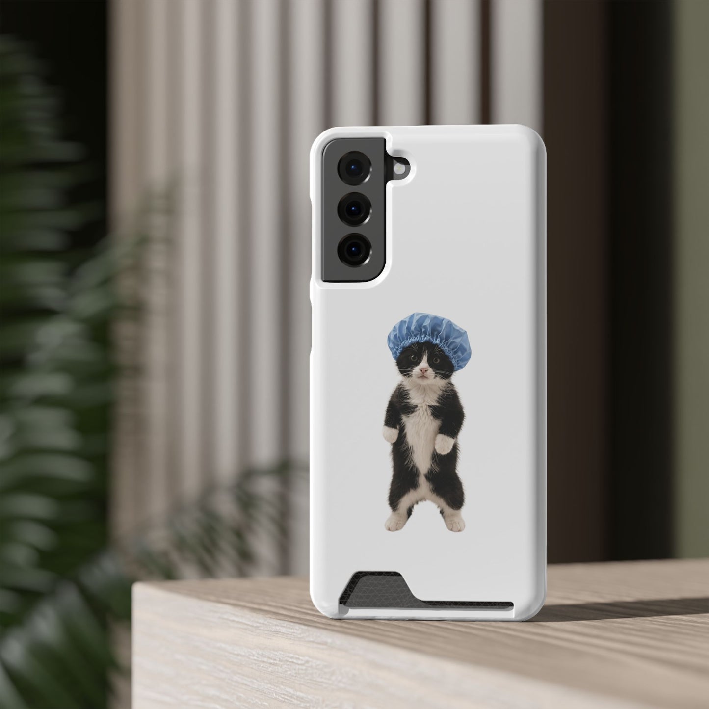 Cute Cat in Shower Cap Slim Phone Case with Card Holder