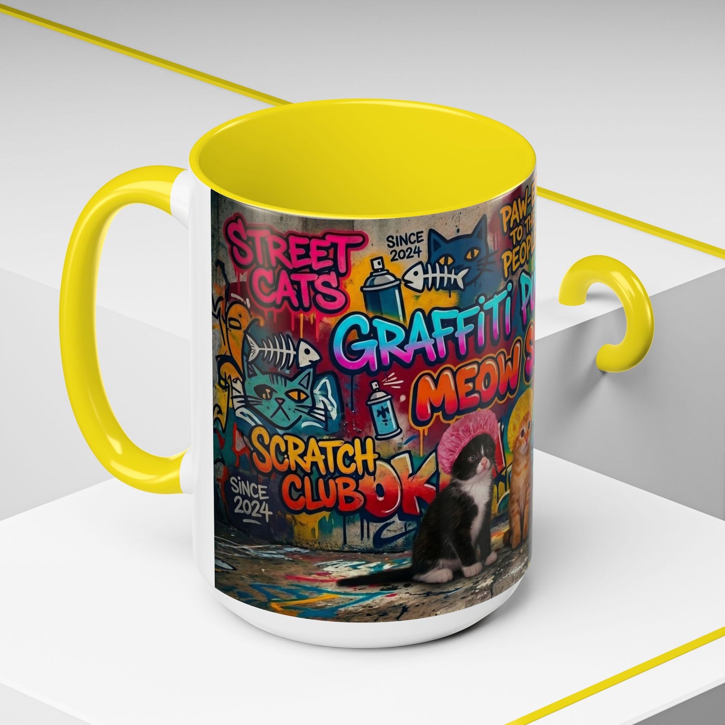 Graffiti Meow Squad Accent Coffee Mug — Cute Kittens ‘Purr-ject’ Street Art Design (11/15oz)