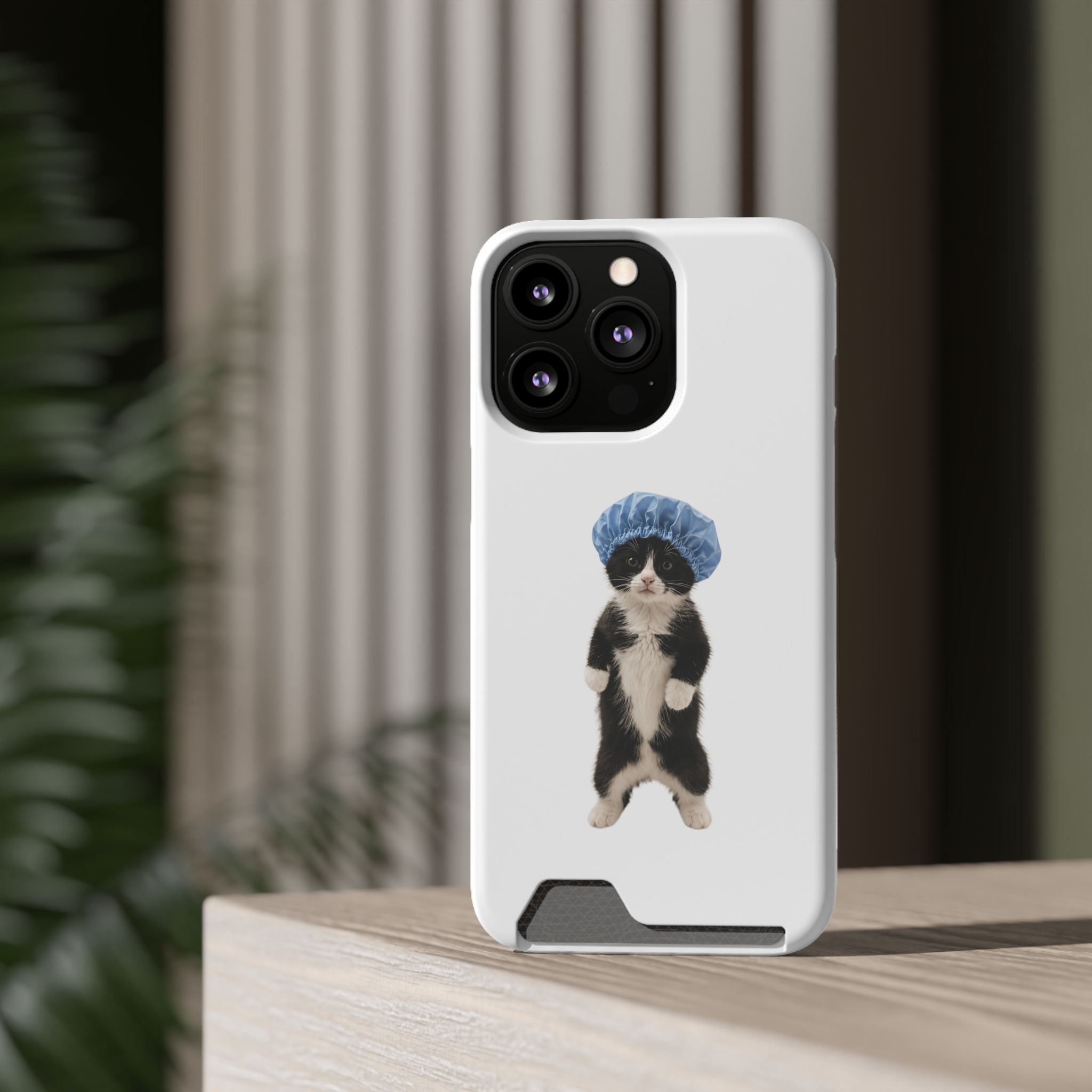 Cute Cat in Shower Cap Slim Phone Case with Card Holder