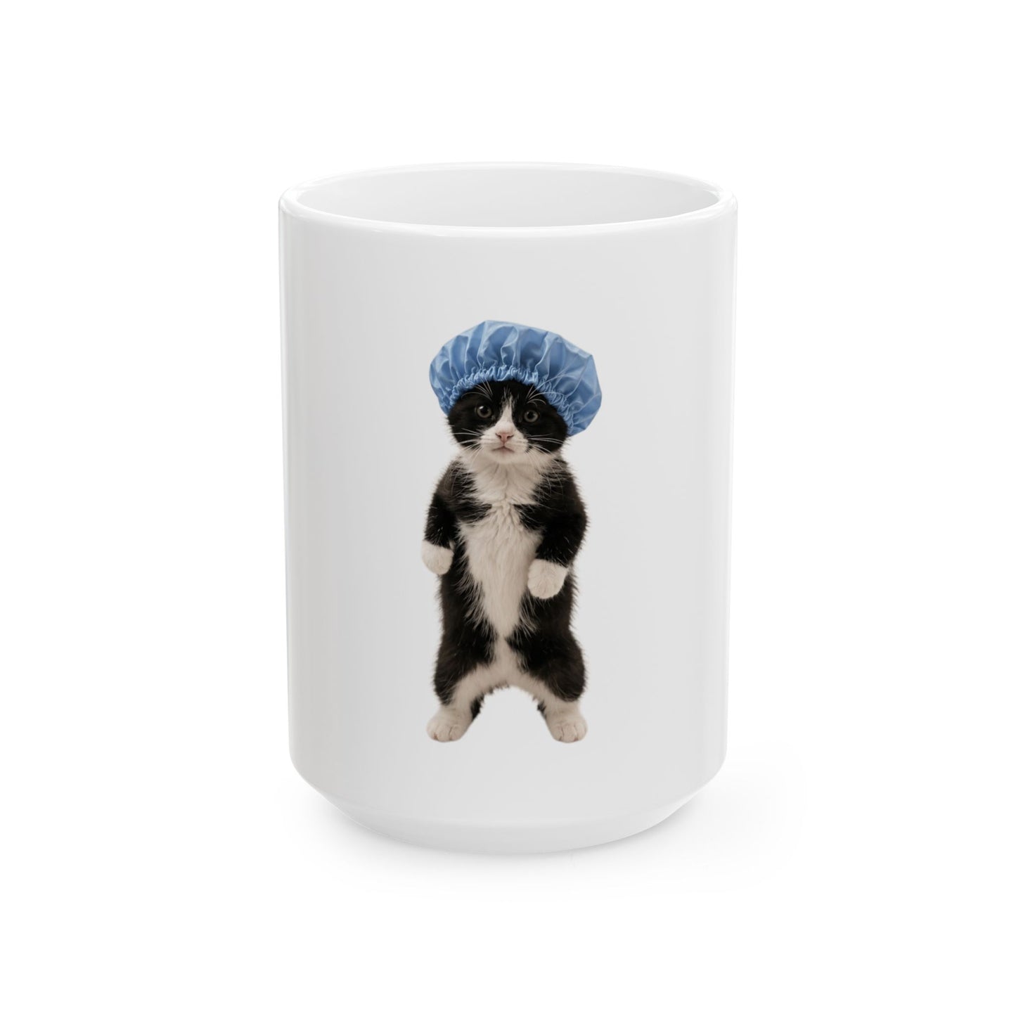 Cute Cat with Blue Shower Cap  Ceramic Mug (11oz/15oz)