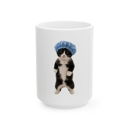 Cute Cat with Blue Shower Cap  Ceramic Mug (11oz/15oz)
