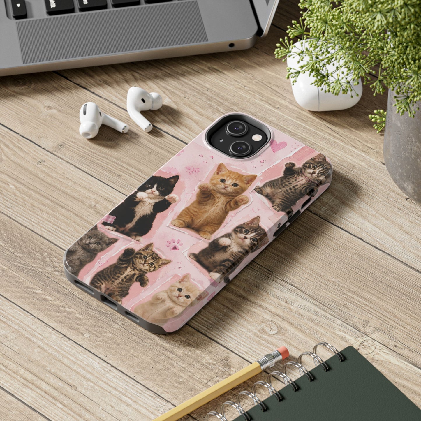 Cute Kittens Tough Phone Case — Pink Paw Print Protective Phone Cover