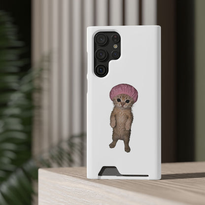 Cute Standing Kitten Cat Shower Cap  Phone Case with Card Holder