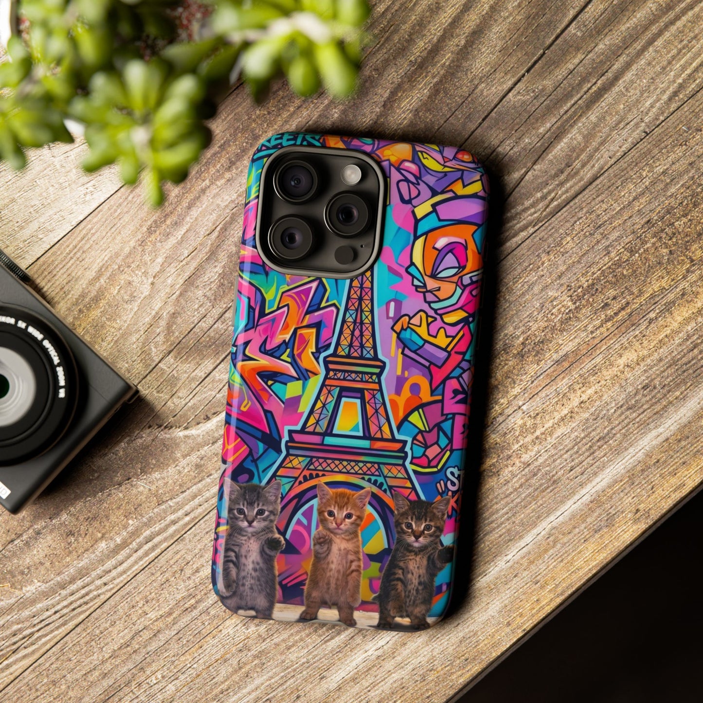 Cat Graffiti Eiffel Phone Case — Colorful Urban Parisian iPhone Cover
