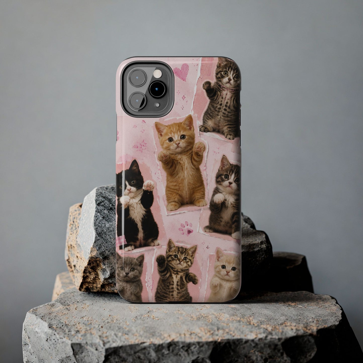 Cute Kittens Tough Phone Case — Pink Paw Print Protective Phone Cover
