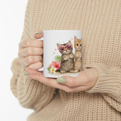 Cute Kitten Trio Ceramic Mug — Floral Cat Coffee Cup (11oz/15oz)