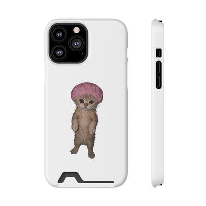 Cute Standing Kitten Cat Shower Cap  Phone Case with Card Holder