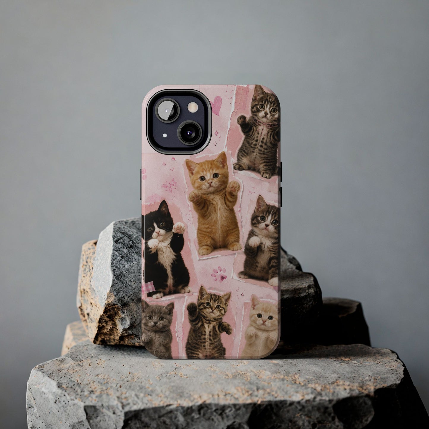 Cute Kittens Tough Phone Case — Pink Paw Print Protective Phone Cover