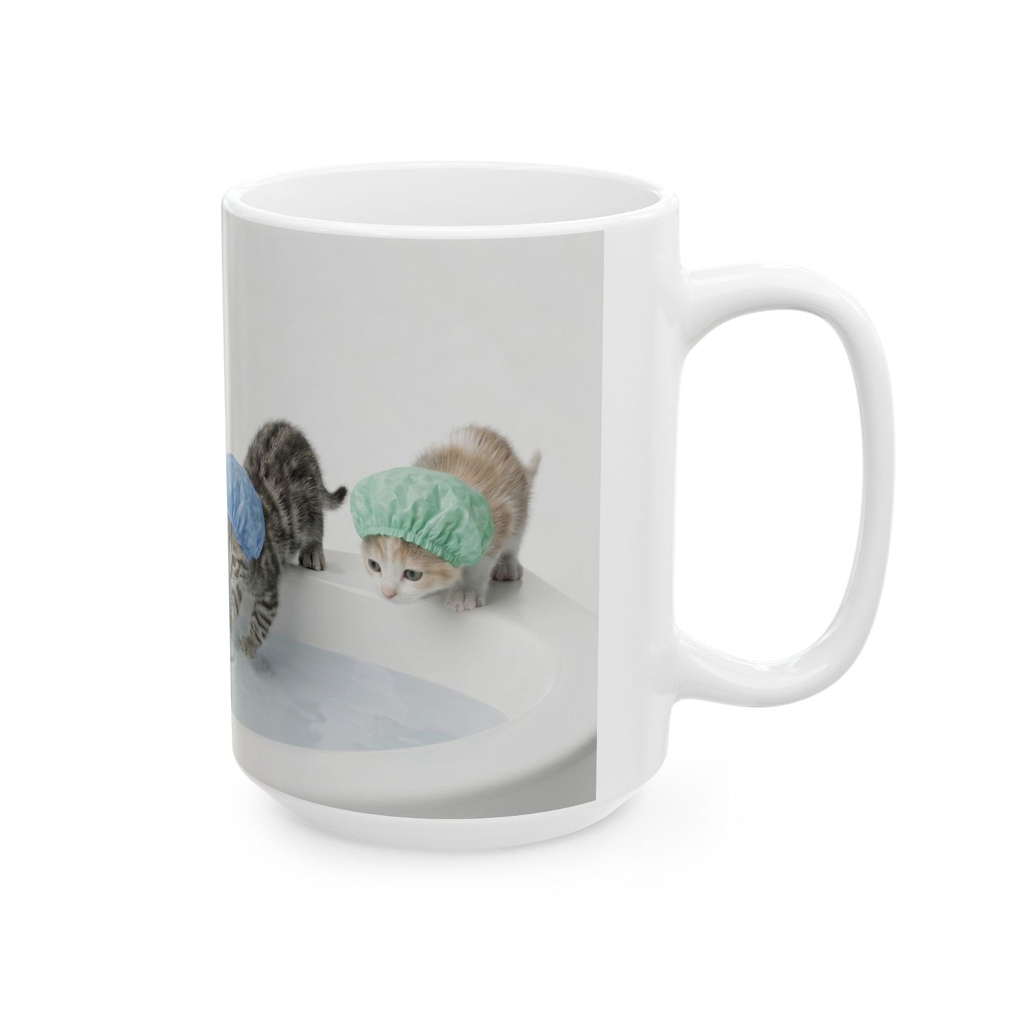 Kitten Shower Ceramic Mug — Cute Kittens in Bath Caps Coffee Tea Cup (11oz/15oz)