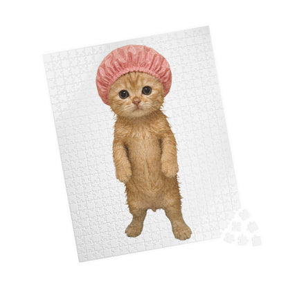 Cute Kitten Standing Cat in Pink Shower Cap Jigsaw Puzzle