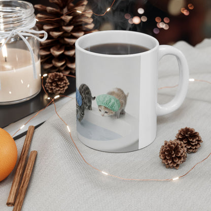 Kitten Shower Ceramic Mug — Cute Kittens in Bath Caps Coffee Tea Cup (11oz/15oz)