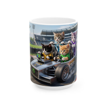 Racing Kittens Ceramic Mug (11oz, 15oz) – Cute Cat Formula Car Coffee Cup