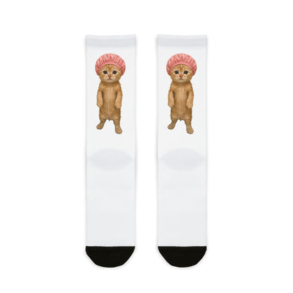 Cute Cat in Shower Cap Crew Socks